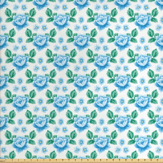 Ambesonne Rose Fabric by the Yard Upholstery, Vintage Blue Blooms Botany, 2 Yards, Sky Blue Jade Green