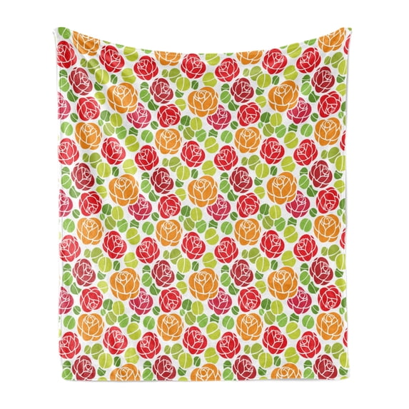 Rose Soft Flannel Fleece Blanket, Abstract Flowers with Lively Colored Petals and Green Leaves Botanical Summer Garden, Cozy Plush for Indoor and Outdoor Use, 50" x 70", Multicolor, by Ambesonne