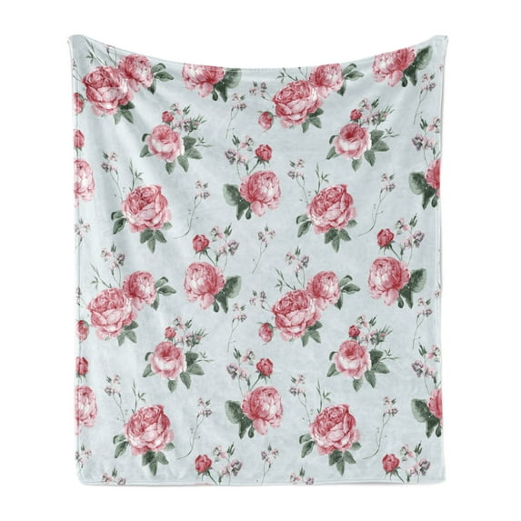 Rose Soft Flannel Fleece Blanket, Blooming English Rose Watercolor Painting Style Garden Shabby Form Wild Flowers, Cozy Plush for Indoor and Outdoor Use, 50" x 60", Reseda Green Pink, by Ambesonne