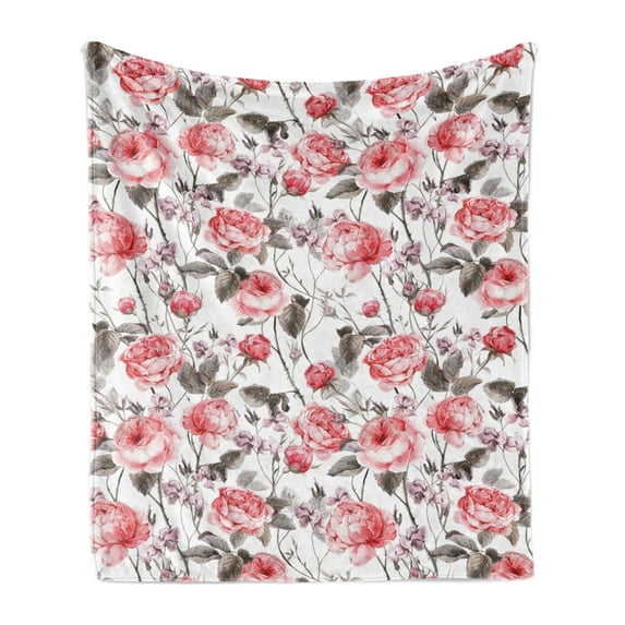 Rose Soft Flannel Fleece Blanket, Classic Vintage Floral Pattern Watercolor Style Bouquet of English Roses Wildflowers, Cozy Plush for Indoor and Outdoor Use, 50" x 60", Coral Taupe, by Ambesonne