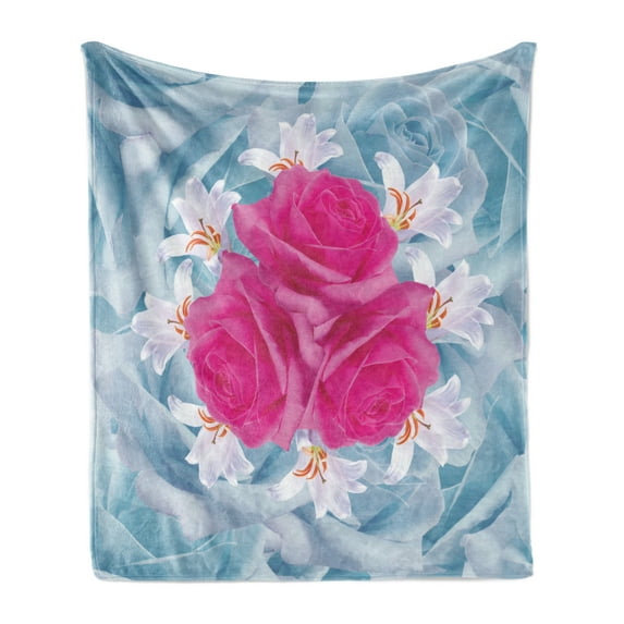 Rose Soft Flannel Fleece Blanket, Graphic of Roses and Lilies with Soft Pastel Colors Nature Blooms Springtime Theme, Cozy Plush for Indoor and Outdoor Use, 50" x 70", Fuchsia Blue, by Ambesonne