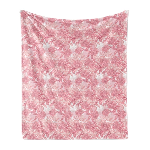 Rose Soft Flannel Fleece Blanket, Monochrome Pattern with Peony Foliage Hand Drawn Illustration Spring Theme, Cozy Plush for Indoor and Outdoor Use, 70" x 90", Magenta White and Rose, by Ambesonne