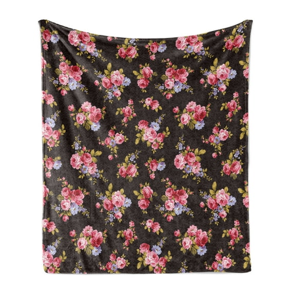 Rose Soft Flannel Fleece Blanket, Pattern with Old Fashioned Corsage and Bouquets Antique Feminine Floral Inspired Grace, Cozy Plush for Indoor and Outdoor Use, 70" x 90", Multicolor, by Ambesonne