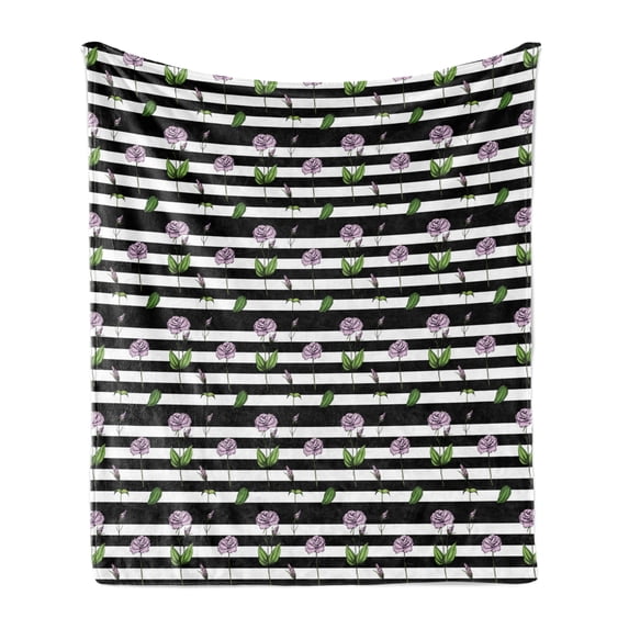Rose Soft Flannel Fleece Blanket, Pink Rose Flowers on Contemporary Design Black and White Striped Background Print, Cozy Plush for Indoor and Outdoor Use, 60" x 80", Black and White, by Ambesonne