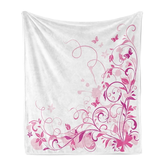 Rose Soft Flannel Fleece Blanket, Swirling Leaves with Blossoms and Butterflies Dreamlike Natural Composition, Cozy Plush for Indoor and Outdoor Use, 60" x 80", Rose Pink and Magenta, by Ambesonne