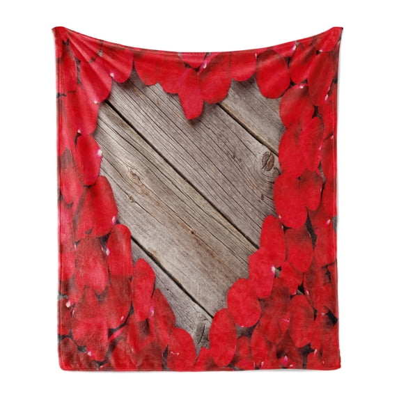 Rose Soft Flannel Fleece Blanket, Vibrant Red Rose Petals on Wood Planks Forming a Heart Shape Romance Love Passion, Cozy Plush for Indoor and Outdoor Use, 50" x 60", Vermilion Cocoa, by Ambesonne
