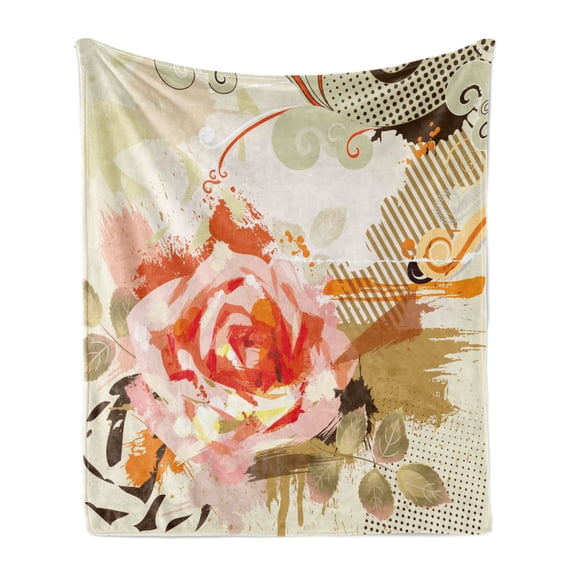 Rose Soft Flannel Fleece Throw Blanket, Abstract Composition with Big Grunge Rose and Floral Retro Motifs, Cozy Plush for Indoor and Outdoor Use, 70" x 90", Khaki Orange Pink, by Ambesonne