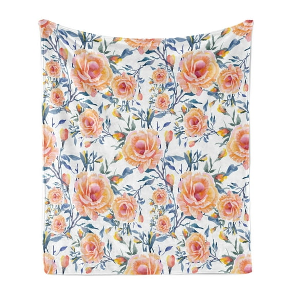 Rose Soft Flannel Fleece Throw Blanket, Aquarelle Effect Abstract Garden with Newly Flourishing Buds Sprouts Complex Design, Cozy Plush for Indoor and Outdoor Use, 70" x 90", Multicolor, by Ambesonne