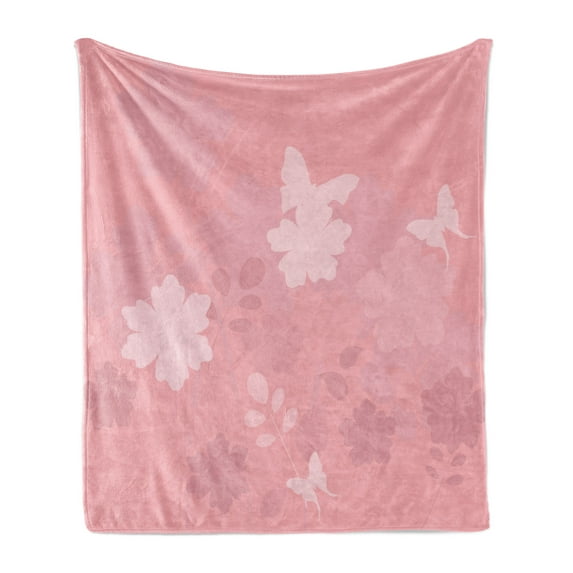 Rose Soft Flannel Fleece Throw Blanket, Dreamy Fantasy Spring Nature with Flourish Ornament and Flying Butterflies, Cozy Plush for Indoor and Outdoor Use, 50" x 60", Pale Rose Rose, by Ambesonne