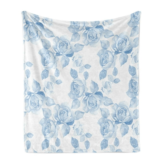 Rose Soft Flannel Fleece Throw Blanket, Faint Faded Floral Dreamy Branch Plant Fashion Pastel Spring Seasonal Design, Cozy Plush for Indoor and Outdoor Use, 50" x 60", Soft Blue White, by Ambesonne