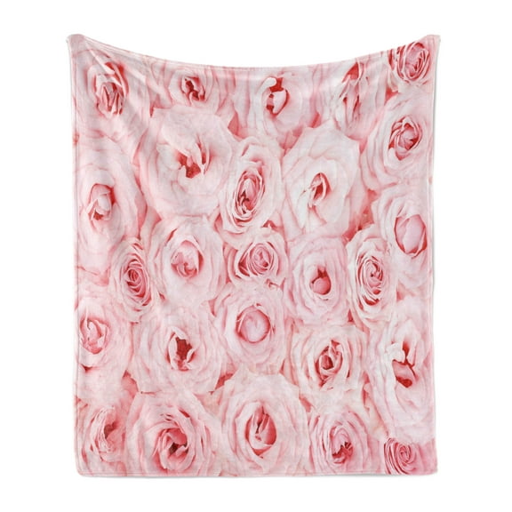 Rose Soft Flannel Fleece Throw Blanket, Fresh Garden Scenic Seasonal Yard Vegetation Flourish Anniversary Celebration, Cozy Plush for Indoor and Outdoor Use, 60" x 80", Pale Pink, by Ambesonne