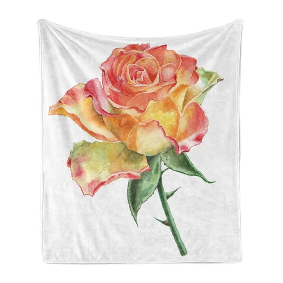 Rose Soft Flannel Fleece Throw Blanket, Hand Drawn Rose in Watercolors Lively Petals Botanical Floral Inspiration, Cozy Plush for Indoor and Outdoor Use, 70" x 90", Green Orange Coral, by Ambesonne