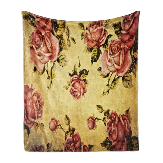 Rose Soft Flannel Fleece Throw Blanket, Old Fashioned Victorian Style Pattern Dramatic Color Bohemian Art Design, Cozy Plush for Indoor and Outdoor Use, 50" x 70", Cream Pink Green, by Ambesonne