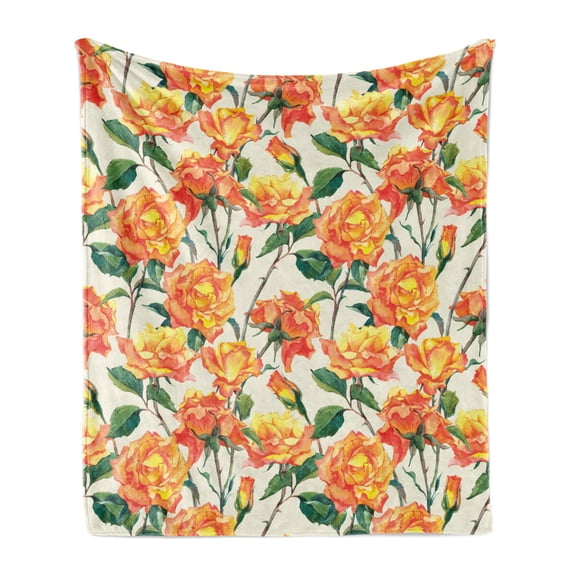 Rose Soft Flannel Fleece Throw Blanket, Old Style Rose Bouqet with Vivid Season Colors Lift Work, Cozy Plush for Indoor and Outdoor Use, 50" x 60", Cream Orange Green, by Ambesonne