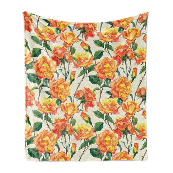 Rose Soft Flannel Fleece Throw Blanket, Old Style Rose Bouqet with Vivid Season Colors Lift Work, Cozy Plush for Indoor and Outdoor Use, 50" x 70", Cream Orange Green, by Ambesonne