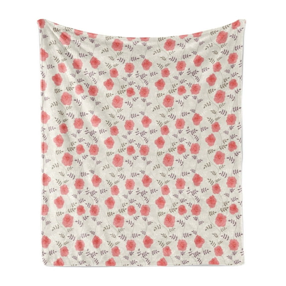 Rose Soft Flannel Fleece Throw Blanket, Repetitive Pattern with Blooming Flowers with Thin Peduncle, Cozy Plush for Indoor and Outdoor Use, 70" x 90", Eggshell Coral, by Ambesonne