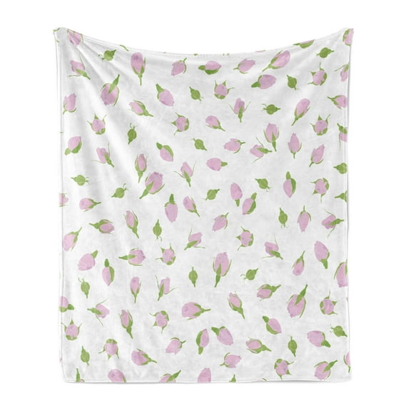 Rose Soft Flannel Fleece Throw Blanket, Rosebuds Romantic Flowers with Leaves Wedding Valentines Day Theme, Cozy Plush for Indoor and Outdoor Use, 50" x 70", Fern Green Baby Pink, by Ambesonne