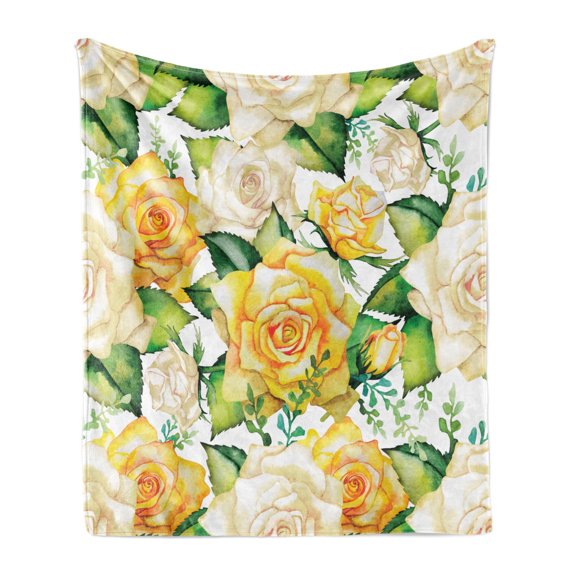 Rose Soft Flannel Fleece Throw Blanket, Roses Illustration in Watercolor Painting Effect Ornate Wedding Celebration, Cozy Plush for Indoor and Outdoor Use, 60" x 80", Yellow Beige Green, by Ambesonne