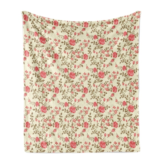 Rose Soft Flannel Fleece Throw Blanket, Rustic Pattern with Floral Stems Old Fashion Design Classical Feminine, Cozy Plush for Indoor and Outdoor Use, 60" x 80", Pale Yellow Dark Coral, by Ambesonne