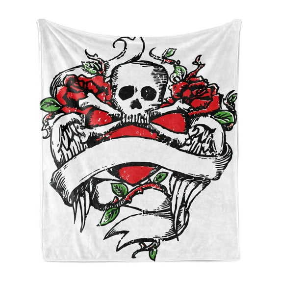 Rose Soft Flannel Fleece Throw Blanket, Sketchy Revival Skull Big Red Heart Crossed Bones Wings and Leaves, Cozy Plush for Indoor and Outdoor Use, 50" x 70", Black Vermilion Green, by Ambesonne