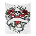 thumbnail image 1 of Rose Soft Flannel Fleece Throw Blanket, Sketchy Revival Skull Big Red Heart Crossed Bones Wings and Leaves, Cozy Plush for Indoor and Outdoor Use, 60" x 80", Black Vermilion Green, by Ambesonne, 1 of 5