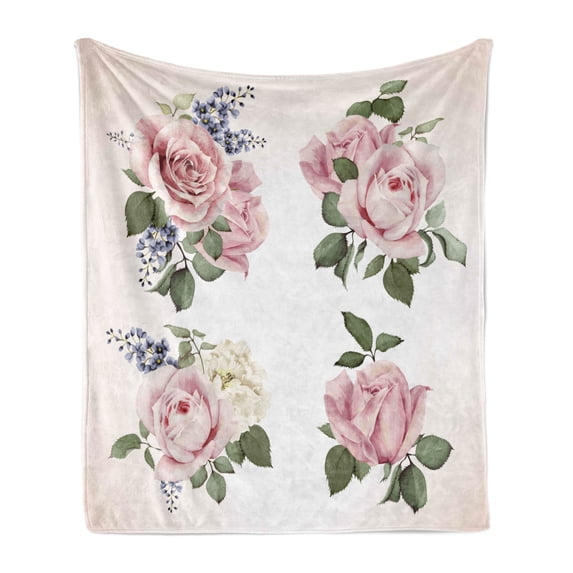 Rose Soft Flannel Fleece Throw Blanket, Springtime Bouquets of Roses Bridal Flora Corsage Gentle Nature Season, Cozy Plush for Indoor and Outdoor Use, 70" x 90", Pale Pink Reseda Green, by Ambesonne