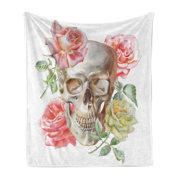 Rose Soft Flannel Fleece Throw Blanket, Tender Blossoms with Hand Drawn Style Watercolor Skull Mexican Gothic, Cozy Plush for Indoor and Outdoor Use, 60" x 80", Multicolor, by Ambesonne