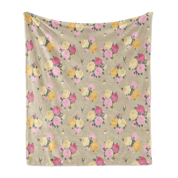 Rose Soft Flannel Fleece Throw Blanket, Vintage Floral Pattern with Freshly Flourished Bunch of Roses on Dotted Background, Cozy Plush for Indoor and Outdoor Use, 60" x 80", Multicolor, by Ambesonne