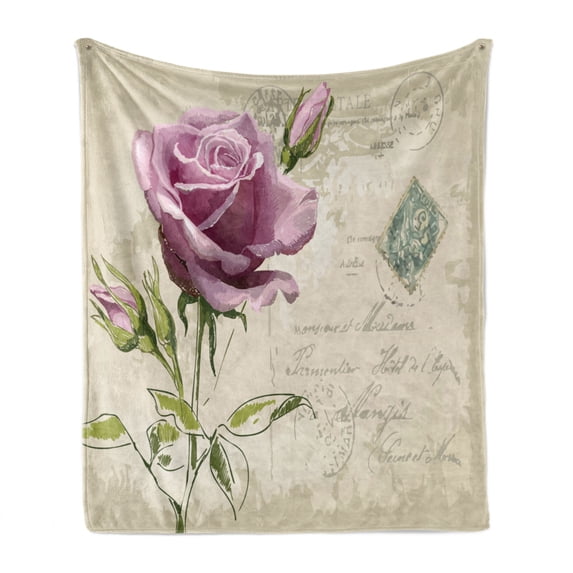 Rose Soft Flannel Fleece Throw Blanket, Vintage Postcard Design Delicate Flower Blossom Hand Drawing Print, Cozy Plush for Indoor and Outdoor Use, 60" x 80", Tan Pale Pink Green, by Ambesonne