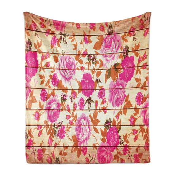 Rose Soft Flannel Fleece Throw Blanket, Vintage Warm Color Roses on Wood Background Well-Being and Love Theme Modern Print, Cozy Plush for Indoor and Outdoor Use, 50" x 60", Pink Orange, by Ambesonne