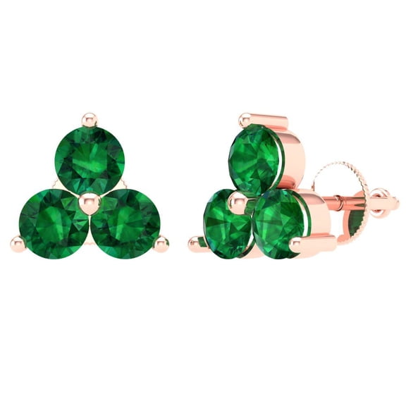 3 ct Screw-Back Stud Earrings for Women | 5.0mm Round Cut Simulated Emerald | 14K Rose Gold