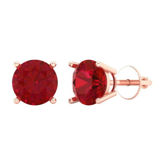4 ct Screw-Back Stud Earrings for Women | 8.0mm Round Cut Simulated Ruby | 18K Rose Gold