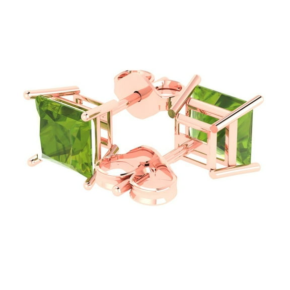 Rose Solid Solid Gold Solitaire Stud Everyday Dainty Earrings - 4 Ct Brilliant Princess Cut Studs Natural Peridot 14K, Everyday Dainty Earrings Push Back