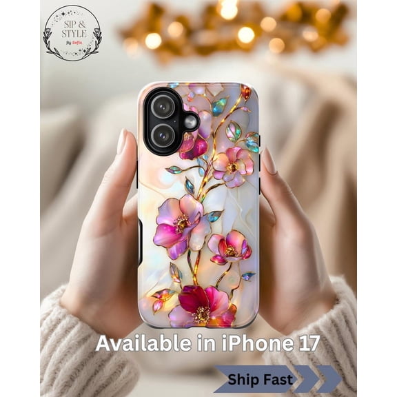 Rose Stained Glass Print Case, iPhone Samsung Tough Phone Case: Iridescent Floral Marble Design