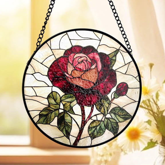 Rose Stained Glass Suncatcher, Deep Red Bloom Accent, Romantic Floral Decor, Vintage Style, Gift for Her, Window Charm, Gift For Mom