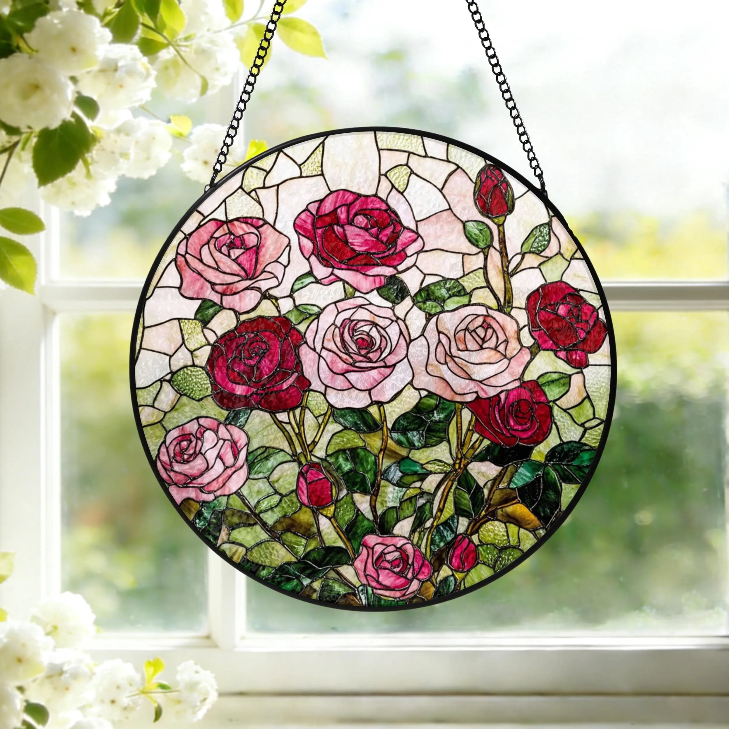 Rose Stained Glass Suncatcher, Rose Window Hanging, Botanical Garden ...
