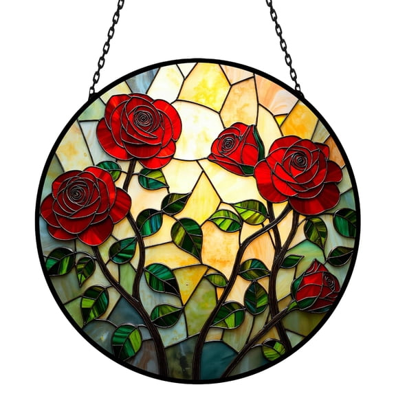 Rose Stained Glass Window Hanging - Luyseyha 8″ Handmade Sun Catcher - Floral Suncatchers for Windows, Home, Garden Decor - Mother's Day, Birthday Gift for Women, Wife, Mom, Lovers