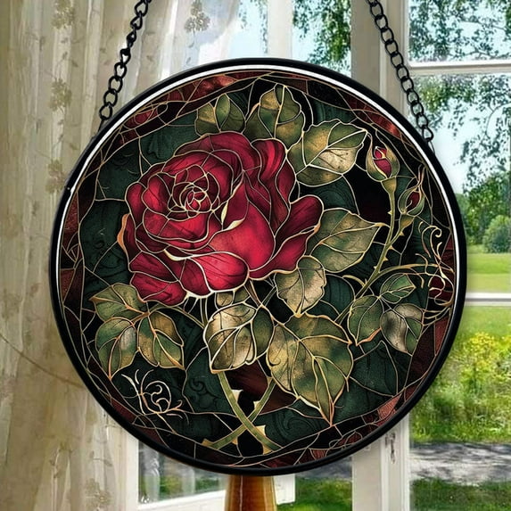 Rose Stained Glass Window Hangings, Handcrafted Stained Glass Suncatchers, Gift for Cat Lovers Nature Lovers, Stained Glass Ornament 2025, Holiday Decoration, Seasonal Keepsake
