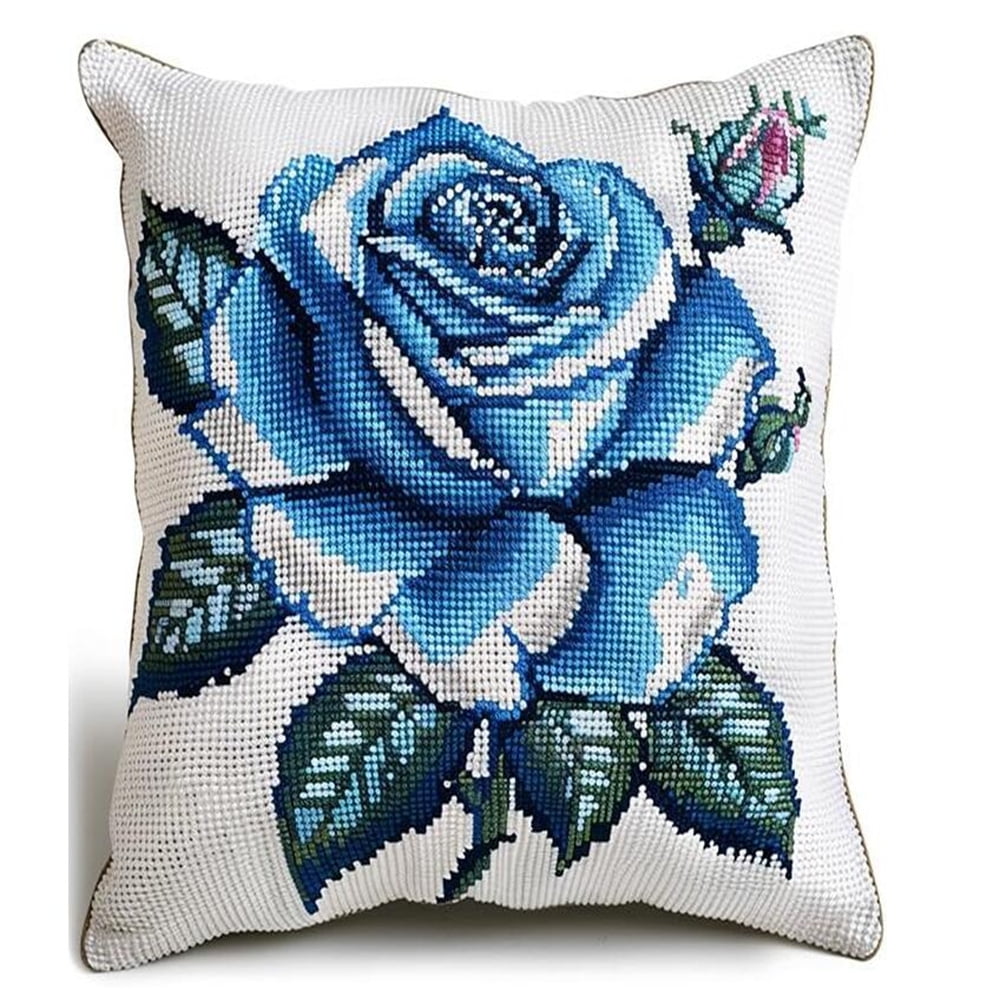 Rose Stamped Cross-Stitch Pillow Kit,Blue Flowers,Cushion Needlework Kit with Embroidery Pattern on Cotton Canvas Holiday,Gift Kits,17x17in