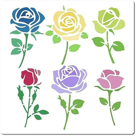 Rose Stencil Flowers with Leaves Templates 18x18cm Single Rose Bouquet Pattern Reusable Square Plastic Stencils Sign for Painting on Wall Canvas Fabric Notebook Scrapbooking DIY Art Crafts