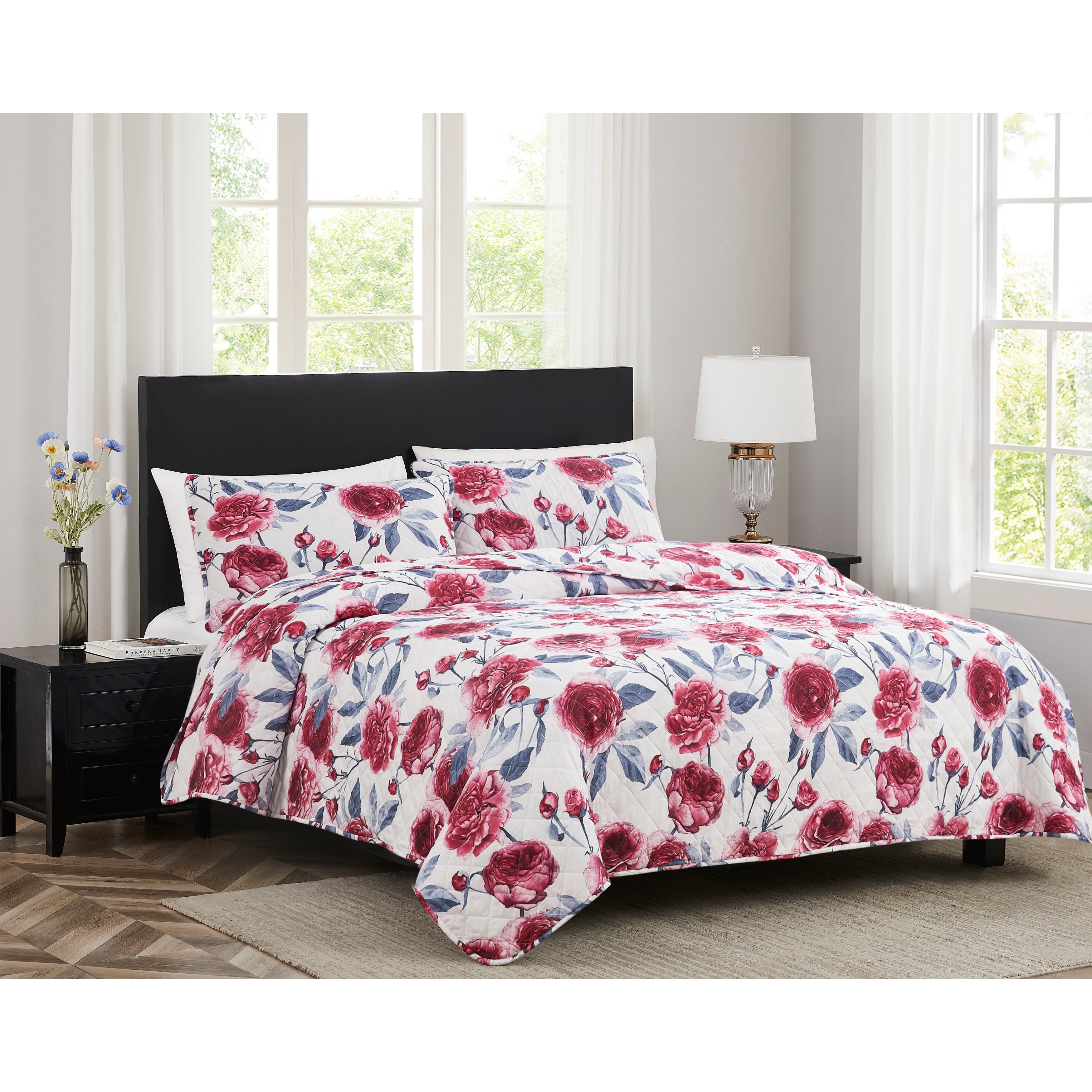King Size Red Floral Microfiber Quilt Set