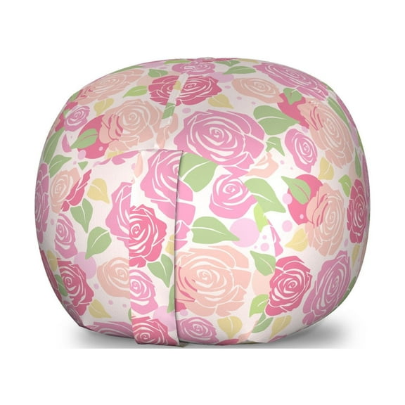 Rose Storage Toy Bag Chair, Graphic Image of Romantic Flower Silhouettes with Polka Dots Top View, Stuffed Animal Organizer Washable Bag, Large Size, Pink Pale Peach, by Ambesonne