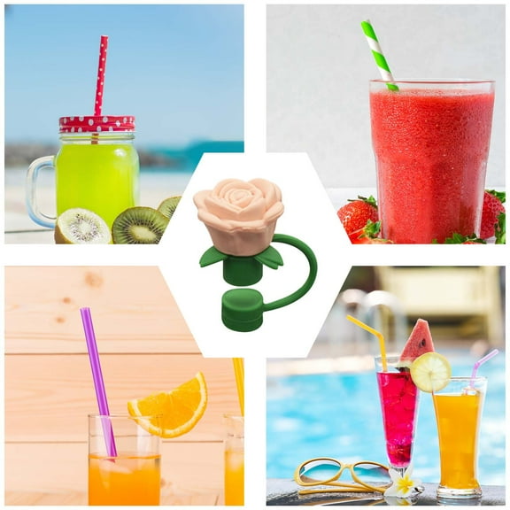 Rose Straw Stopper for 10mm Drinking Straws, Food Grade Straw Cap to Resist Impurities, Decorative Flower Straw Cover for Home and Party Use(Beige)