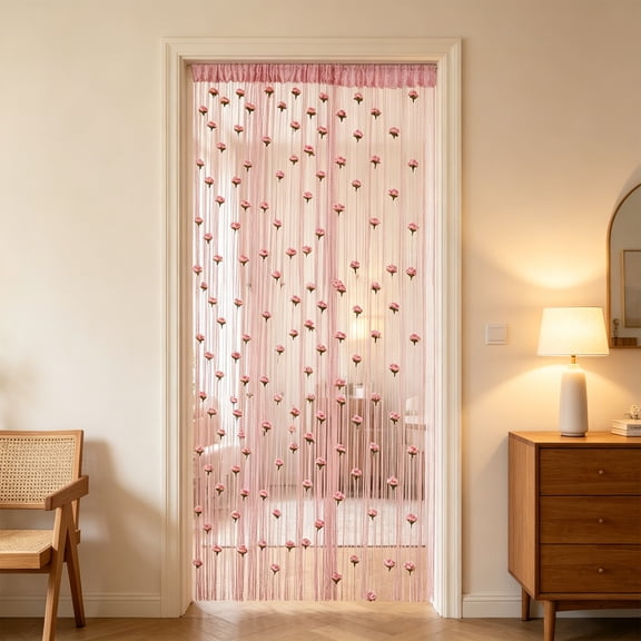 Rose String Curtain Room Divider Door Curtain 39x79 Inches Pink Polyester Beaded Thread Tassel Window Decor for Bedroom Living Room and Entryway