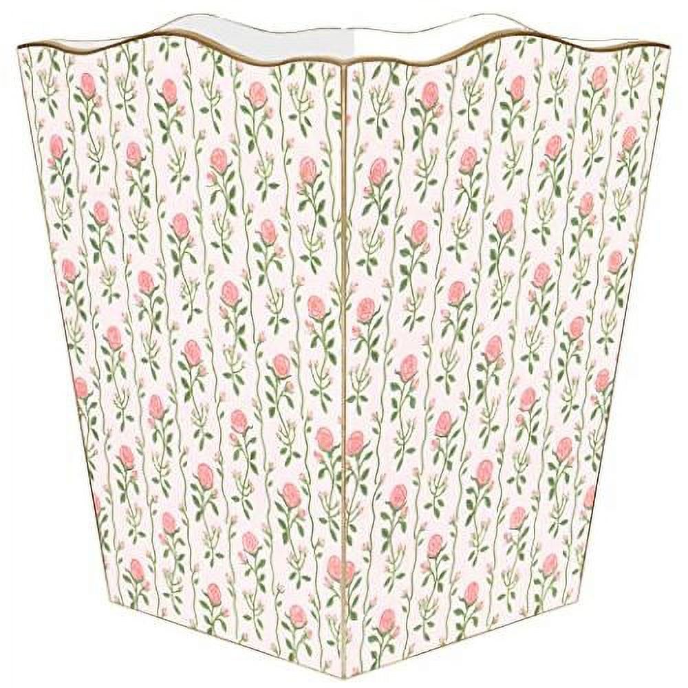 Rose Stripe Wastepaper Basket, Decoupage Wood, Scalloped Top