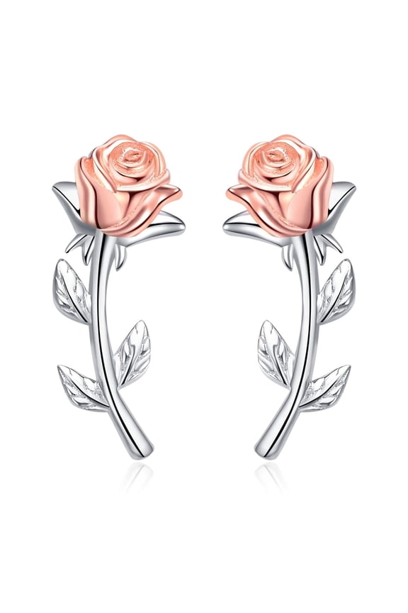 Rose Stud Earrings 925 Sterling Silver Rose Flower Earrings Ear Crawler Climber Earrings for Women Jewelry