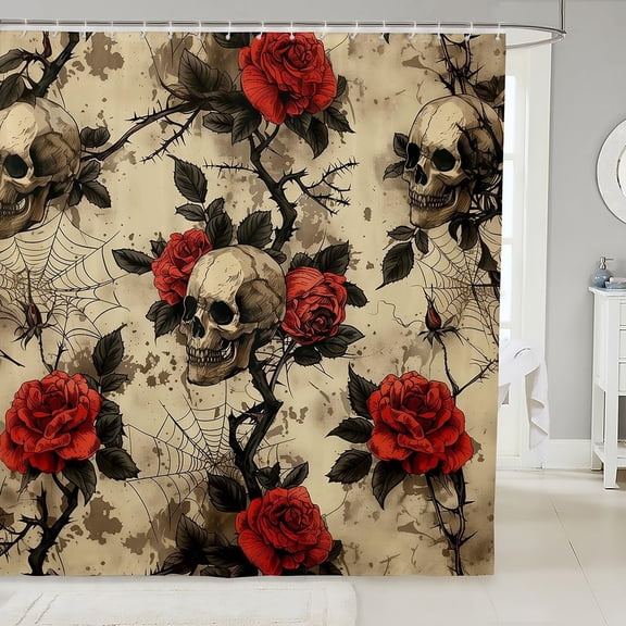 Rose Sugar Skull with Spider Web Waterproof Shower Curtain, Retro Gothic Design, Red and White