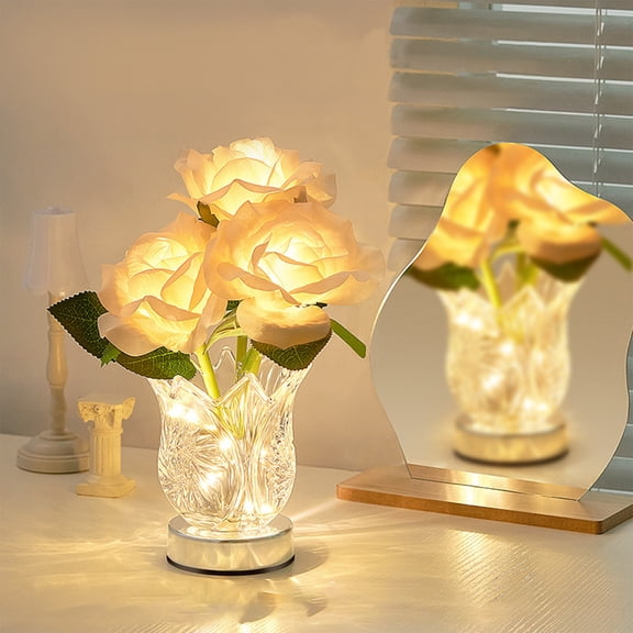 Rose Table Lamp | Artificial Flower Light with LED | Battery Operated Glass Vase Accent | Romantic Mood Lighting | Silver | 11x26cm | Bedroom, Living Room Decor