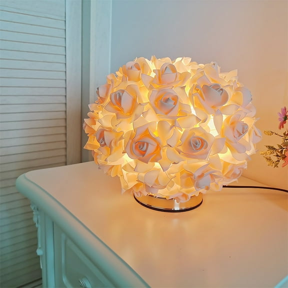 Rose Table Lamp Romantic Flower Design Bedside Night Light for Bedroom Wedding DecorationBeige