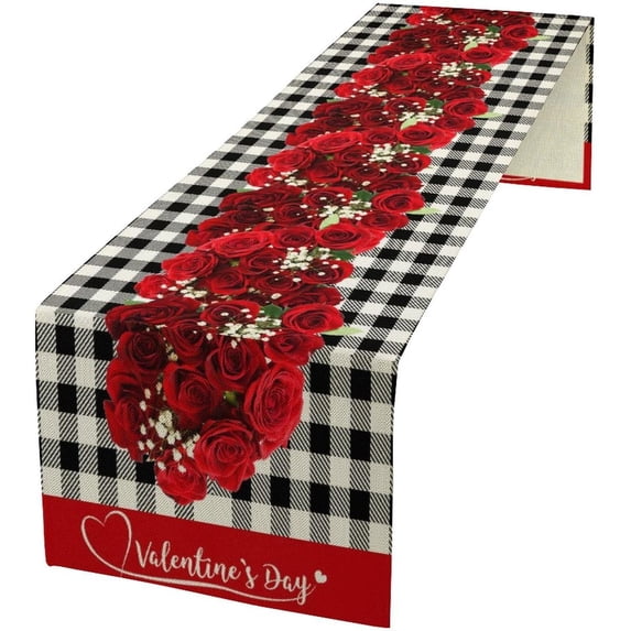 Rustic Modern Table Runner Rose Table Runner, Vintage Rustic Plaid Abstract Red Rose Flower Plant ...